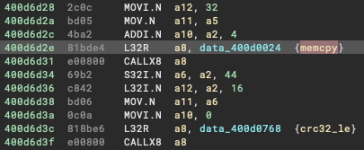 Binary Ninja view with matching IROM API calls.