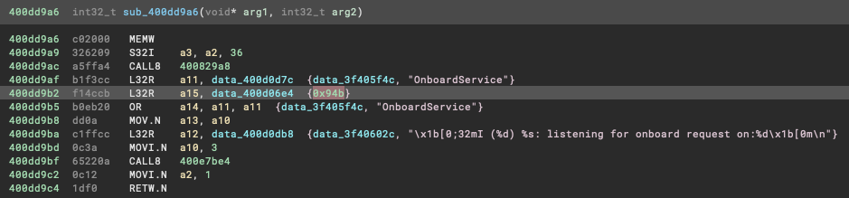 Binary Ninja view with on-boarding process showing the correct UDP port.