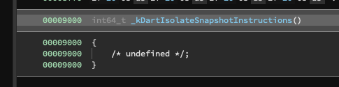 The location of _kDartIsolateSnapshotInstructions displayed in Binary Ninja.