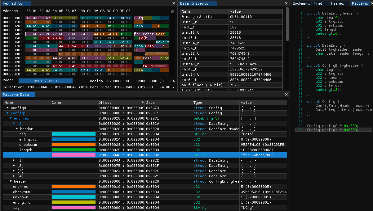 ImHex view of the config partition with pattern applied.